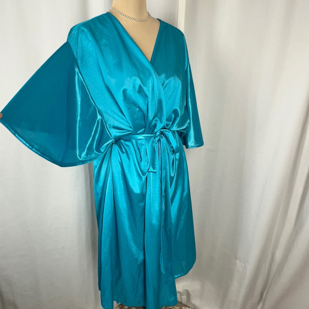 Vintage 80s Teal Satin Robe 2X Plus Size Kimono Sleeve Belted Made USA